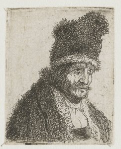 Zbiór rysunków przedstawiających głowy mężczyzn: starszy mężczyzna w futrze i wysokiej czapce autorstwa Rembrandt van Rijn