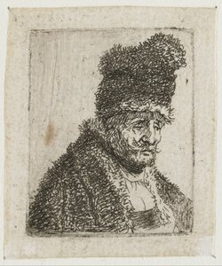 Zbiór rysunków przedstawiających głowy mężczyzn: starszy mężczyzna w futrze i wysokiej czapce autorstwa Rembrandt van Rijn