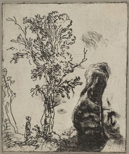 Arkusz z dwoma opracowaniami: drzewo i górna część głowy Rembrandta w vel..., ca. 1642. autorstwa Rembrandt van Rijn