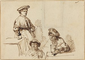 Szkice z tawerny: kobieta stojąca i dwóch siedzących mężczyzn autorstwa Rembrandt van Rijn