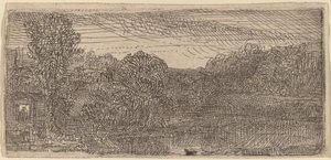 Mały szary krajobraz: dom i drzewa przy basenie autorstwa Rembrandt van Rijn