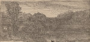 Mały szary pejzaż: dom i drzewa nad sadzawką, ok. godz. 1640. autorstwa Rembrandt van Rijn