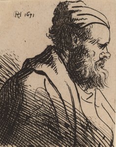 Mężczyzna z zadartym nosem w czapce, w roku 1630 lub wcześniej. autorstwa Rembrandt van Rijn