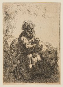 Św. Hieronim klęczący w modlitwie, patrzący w dół autorstwa Rembrandt van Rijn