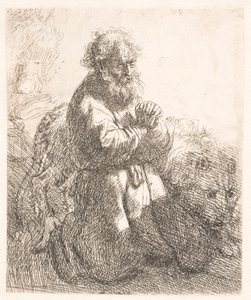 Św. Hieronim klęczący w modlitwie, spoglądający w dół autorstwa Rembrandt van Rijn