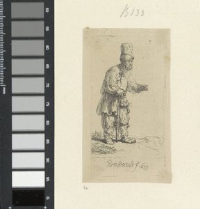 Stojący rolnik z wysokim nakryciem głowy, oparty na patyku Recueil de quatre-vingt-cinq estampes originales (tytuł serii) autorstwa Rembrandt van Rijn
