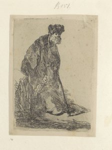 Staande man stawia een lange mantel w bontmuts Kolekcja osiemdziesięciu pięciu oryginalnych grafik (tytuł serii) autorstwa Rembrandt van Rijn