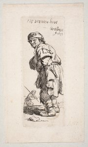 Stojący wieśniak zwrócony w lewo i postać z kijem w tle "Tis vinnich Kout" autorstwa Rembrandt van Rijn