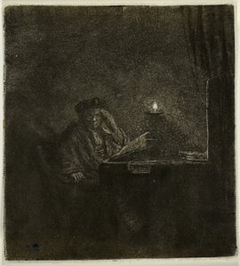 Uczeń przy stole przy świecach autorstwa Rembrandt van Rijn