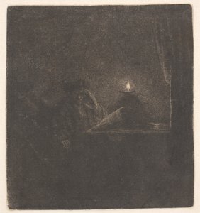 Student przy stole przy blasku świecy autorstwa Rembrandt van Rijn