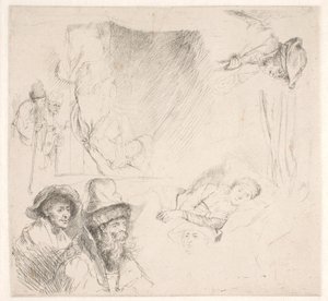 Studieblad, w tym przykuta do łóżka kobieta autorstwa Rembrandt van Rijn