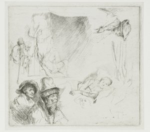 Ilustracja przedstawiająca chorą kobietę w łóżku autorstwa Rembrandt van Rijn