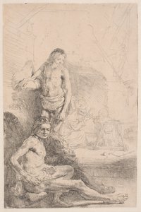 Studium aktów: jeden mężczyzna siedzący, a drugi stojący; w tle zarysowana z lekkością postać kobiety z dzieckiem autorstwa Rembrandt van Rijn