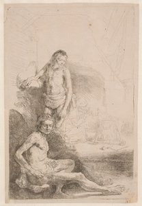 Studium aktów: jeden mężczyzna siedzący, a drugi stojący; w tle zarysowana z lekka postać kobiety z dzieckiem autorstwa Rembrandt van Rijn
