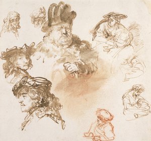 Studia głów starców i trzech kobiet z dziećmi, ok. 1635-36 (tusz i pranie na papierze) autorstwa Rembrandt van Rijn