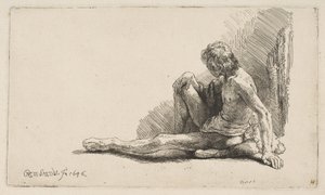 Studium z aktu: Mężczyzna siedzący na ziemi, z jedną nogą wyciągniętą, 1646. autorstwa Rembrandt van Rijn