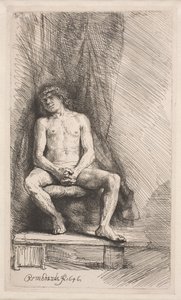 Studium z natury: mężczyzna siedzący przed zasłoną autorstwa Rembrandt van Rijn
