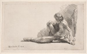 Studium z natury: mężczyzna siedzący na ziemi z jedną wyprostowaną nogą autorstwa Rembrandt van Rijn