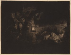 „Pokłon pasterzy”: obraz przedstawiający scenę nocną autorstwa Rembrandt van Rijn