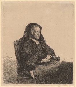 Matka artysty siedząca przy stole, patrząca w prawo autorstwa Rembrandt van Rijn