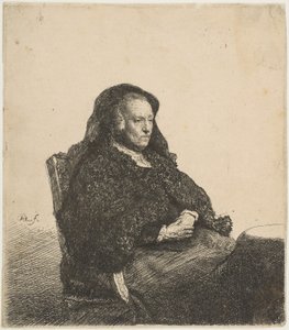 Matka artystów siedząca przy stole patrząc w prawo: długość trzech czwartych, ca. 1631. autorstwa Rembrandt van Rijn