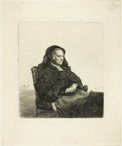 Matka artysty siedząca przy stole i patrząca w prawo: Trzy czwarte długości autorstwa Rembrandt van Rijn
