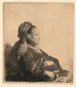 Siedząca matka artysty w orientalnym nakryciu głowy: połowa długości autorstwa Rembrandt van Rijn
