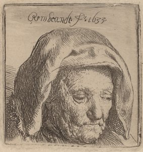 Matka artysty w sukiennym nakryciu głowy, patrząc w dół, 1633. autorstwa Rembrandt van Rijn