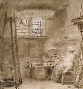 Pracownia Artysty, 1659 (pióro i dwa odcienie brązowego tuszu, szarobrązowy rozmyty, kilka poprawek w bieli) autorstwa Rembrandt van Rijn