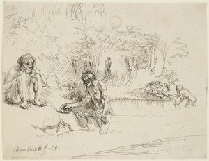 „Kąpiące się” (Bartsch 195; Hind 250 II) autorstwa Rembrandt van Rijn