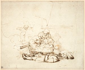 Śpiąca Święta Rodzina z aniołami, 1645 (pióro i atrament z gwaszem na papierze) autorstwa Rembrandt van Rijn