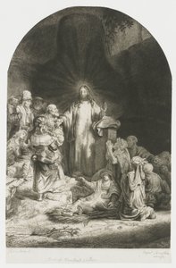 Grafika „Sto guldenów”: centralny fragment przedstawiający Chrystusa głoszącego kazanie, płyta ma kształt łuku autorstwa Rembrandt van Rijn
