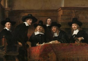 Urzędnicy pobierający próbki z gildii sukienników w Amsterdamie, znanej jako „syndycy” Urzędnicy pobierający próbki z Amsterdamskiej Gildii Draperów, znanej jako „Syndics” autorstwa Rembrandt van Rijn
