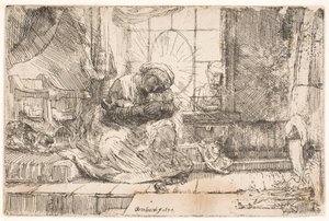 Matka Boska z Dzieciątkiem i kotem: oraz Józef przy oknie autorstwa Rembrandt van Rijn