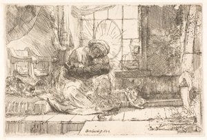 Matka Boska z Dzieciątkiem i kotem: oraz Józef przy oknie autorstwa Rembrandt van Rijn
