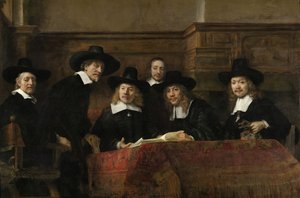 Strażnicy Cechu Sukienników w Amsterdamie, znani jako "Syndycy", 1662 r. autorstwa Rembrandt van Rijn