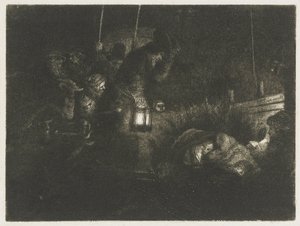Pokłon pasterzy: obraz przedstawiający scenę nocną autorstwa Rembrandt van Rijn