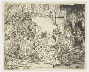 Adoracja pasterzy: przy lampie autorstwa Rembrandt van Rijn