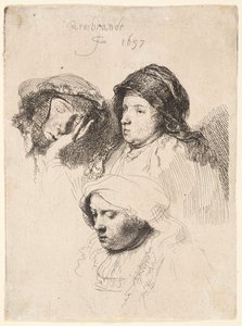 Trzy głowy kobiet, jedna śpiąca autorstwa Rembrandt van Rijn