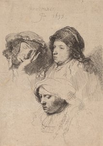 Trzy głowy kobiet, jedna śpi, 1637. autorstwa Rembrandt van Rijn