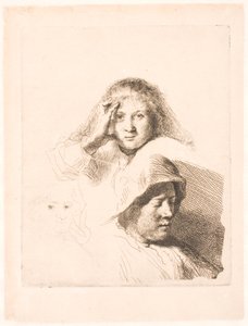 Trzy głowy kobiet, jedna lekko wyryta autorstwa Rembrandt van Rijn