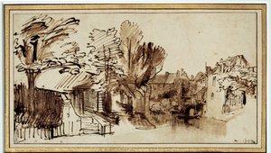 Widok na kanał Singel w Amersfoort. Rysunek Harmensza Rembrandta (1606-1669) autorstwa Rembrandt van Rijn