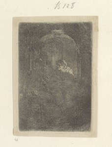 Kobieta w drzwiach rozmawia z mężczyzną z dziećmi Recueil de quatre-vingt-cinq estampes originales (tytuł serii) autorstwa Rembrandt van Rijn
