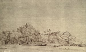 Pejzaż zimowy z domkami wśród drzew, ok. 1650 (trzcinowe pióro i brązowy tusz) autorstwa Rembrandt van Rijn