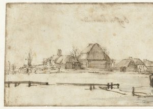 Zimowy widok z drogą wodną, domkami i dwiema łodziami autorstwa Rembrandt van Rijn