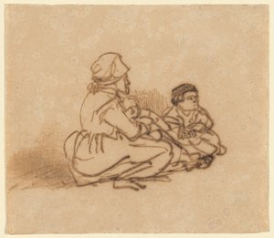 Kobieta siedząca na ziemi z dwójką dzieci autorstwa Rembrandt van Rijn