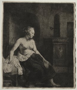 Kobieta siedząca do połowy ubrana przy piecu autorstwa Rembrandt van Rijn