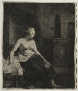 Kobieta siedząca do połowy ubrana przy piecu, 1658. autorstwa Rembrandt van Rijn