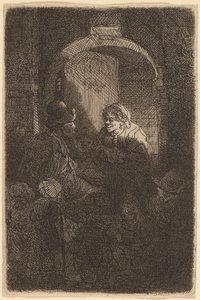 Kobieta przy włazie do drzwi rozmawia z mężczyzną i dziećmi (Nauczyciel) autorstwa Rembrandt van Rijn