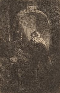 Kobieta przy włazie do drzwi rozmawia z mężczyzną i dziećmi Nauczyciel, 1641. autorstwa Rembrandt van Rijn